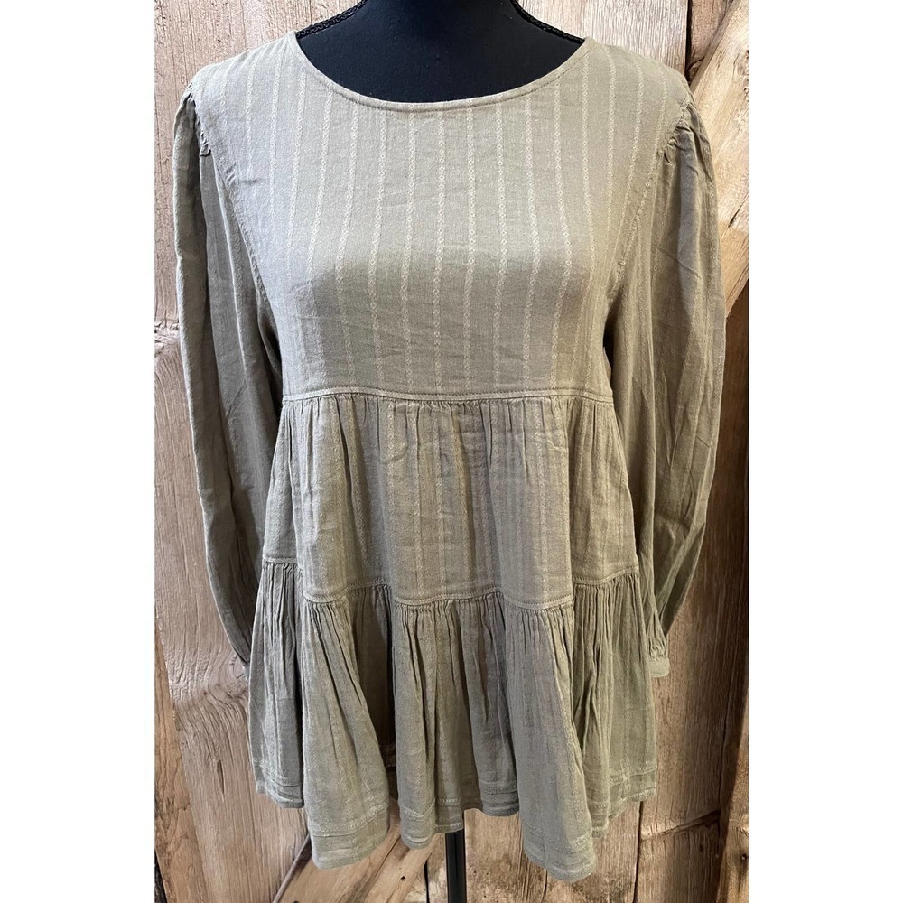 American Eagle Women's XS Green Tiered Babydoll Top Long Sleeve Open Back Tunic
